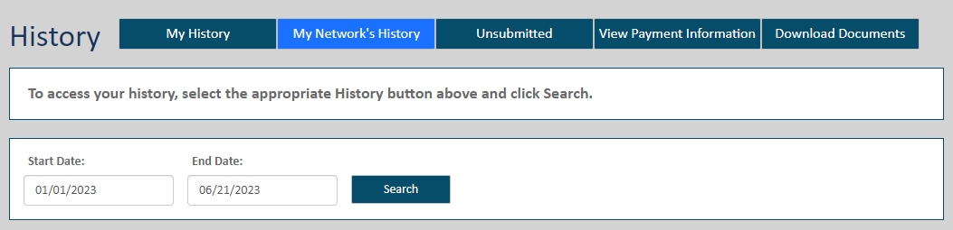 Select the appropriate button and search based on date History page